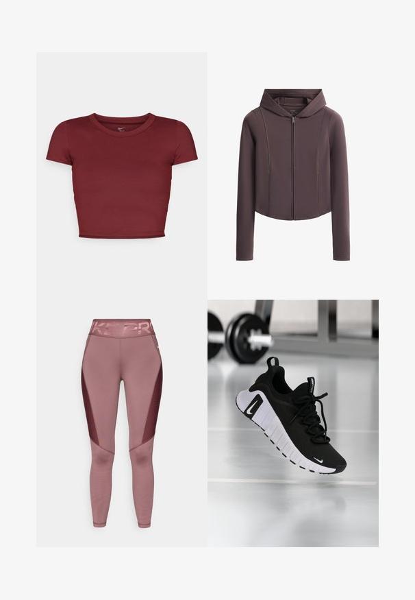 Donkerbruine hoodie met lange mouwen, ritssluiting aan de voorkant, voorzakken en een aansluitend silhouet.; Bordeaux, kortstraat crop top van gladde stof met een ronde halslijn. Minimalistisch ontwerp, geen zichtbare logo's of patronen.; Roze sportlegging met een hoge tailleband met "NIKE PRO" in glanzende letters. De zijpanelen hebben een textuur van mesh ontwerp.; Zwarte sportschoen met een textuurstof bovenwerk, witte zool en een opvallend vetersysteem. Voorzien van een Nike-logo en een zacht, gedempt ontwerp.