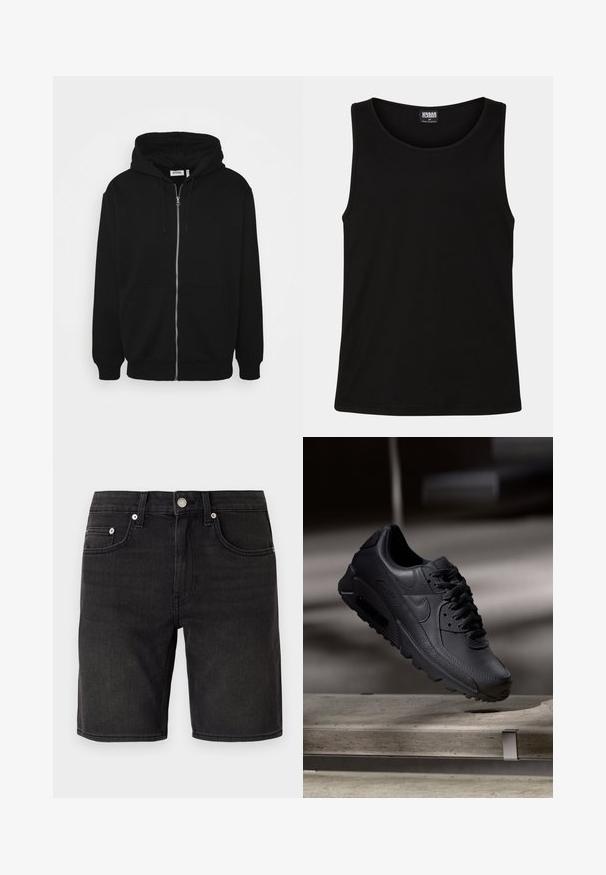 Haut à capuche zippé noir avec un cordon de serrage, poches avant, poignets côtelés et une texture de tissu lisse. Étiquette de marque centrale visible à l'intérieur.; Débardeur noir en coton doux. Il présente un col rond et des emmanchures larges, sans motifs ni accents visibles.; Shorts en denim noir avec un design classique à cinq poches, bouton en métal et détails de couture subtils. Texture lisse, coupe à la longueur du genou.; Baskets noirs Nike Air Max avec un dessus en cuir texturé, semelle en caoutchouc et un système de laçage proéminent, mettant en avant un design moderne et épuré.