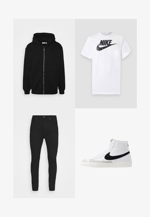 Schwarze Zip-Hoodie mit einer Kapuze mit Kordelzug, Vorderseitentaschen, gerippten Bündchen und einer glatten Stoffoberfläche. Zentrale Markenetikette innen sichtbar.; Weißes kurzärmeliges T-Shirt mit schwarzem Nike-Logo und Swoosh, zentriert auf der Brust, vor einfarbigem grauem Hintergrund.; Schwarze Slim-Fit-Jeans aus Denim, mit einem klassischen Fünf-Taschen-Design, einem Knopfverschluss und dezenten roten Nähakzenten.; Weiße High-Top-Sneaker mit einem schwarzen Swoosh, strukturiertem grauen Zehenkappeneinsatz und flacher weißer Sohle. Verfügt über sechs Ösen und genähte Akzente.