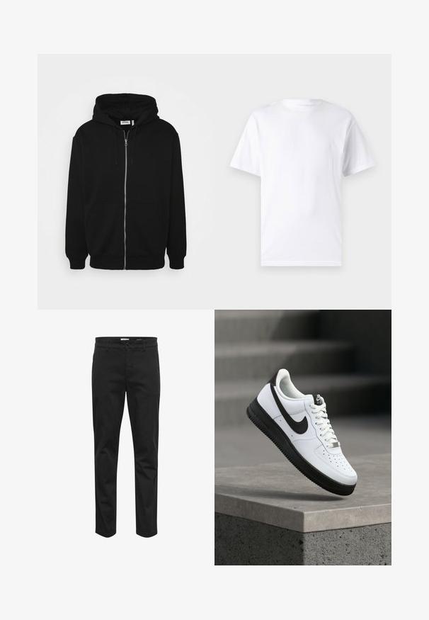 Haut à capuche zippé noir avec un cordon de serrage, poches avant, poignets côtelés et une texture de tissu lisse. Étiquette de marque centrale visible à l'intérieur.; T-shirt blanc à manches courtes en coton avec un col rond, présentant une texture lisse et un design simple, sans motifs ni accents.; Chinos en coton noirs avec une coupe droite, dotés d'une fermeture à bouton sur le devant, de passants de ceinture et de poches latérales pour plus de fonctionnalité.; Baskets en cuir blanc avec accents noirs, bout arrondi et détails perforés. Semelle en caoutchouc noire avec motif texturé et fermeture à lacets.