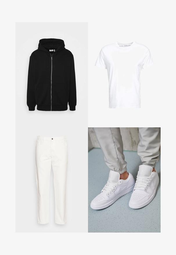 Haut à capuche zippé noir avec un cordon de serrage, poches avant, poignets côtelés et une texture de tissu lisse. Étiquette de marque centrale visible à l'intérieur.; T-shirt en coton blanc avec un col rond et des manches courtes, au fit classique et à la texture lisse. Aucun motif ni accessoire visible.; Pantalon en coton blanc avec une coupe droite, poches avant, fermeture à bouton unique et une texture douce.; Des baskets en cuir blanc présentent une zone de perforation à l'avant, des lacets plats, un col rembourré et le logo Jordan sur la languette. Portées avec un pantalon de jogging gris.