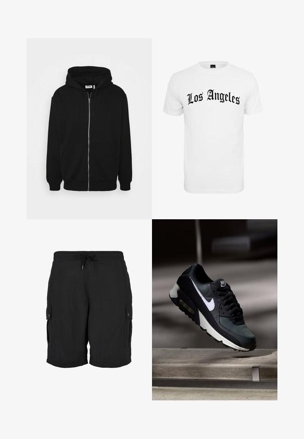 Haut à capuche zippé noir avec un cordon de serrage, poches avant, poignets côtelés et une texture de tissu lisse. Étiquette de marque centrale visible à l'intérieur.; T-shirt blanc à manches courtes avec "Los Angeles" en lettres gothiques noires audacieuses sur le devant. Matière en coton avec une texture lisse.; Short cargo noir avec taille élastique, cordon ajustable et poches latérales boutonnées.; Baskets Nike Air Max noires et grises avec un logo blanc, suspendues au-dessus d'une surface en béton sur un fond sombre flou.