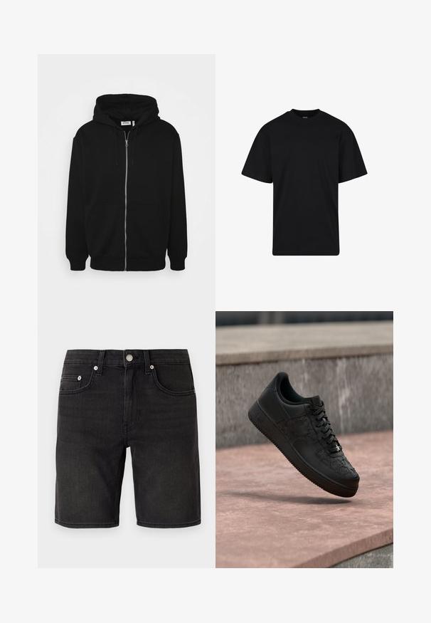 Haut à capuche zippé noir avec un cordon de serrage, poches avant, poignets côtelés et une texture de tissu lisse. Étiquette de marque centrale visible à l'intérieur.; T-shirt noir à manches courtes avec col rond, coupe décontractée, design simple sans logos ni motifs visibles.; Shorts en denim noir avec un design classique à cinq poches, bouton en métal et détails de couture subtils. Texture lisse, coupe à la longueur du genou.; Baskets basses noires avec motifs d'étoiles embossés sur le cuir, lacets noirs et un petit pendentif étoile en argent sur le lacet avant.