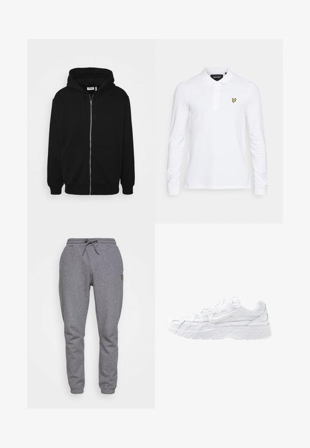 Sort zip-up hoodie med en snor i hætten, forlommer, ribbede ærmer og en glat stoftekstur. Central brandingmærke synligt indvendigt.; Hvid langærmet polo skjorte med krave, med et gult broderet fuglelogo på venstre bryst og en stolpe med tre knapper.; Grå bomulds sweatpants med elastisk talje, snøre, sidelommer og et lille gult logo på låret. Tapered ben design.; Nike Sportswear P-6000 - Sneakers - white/platinum tint