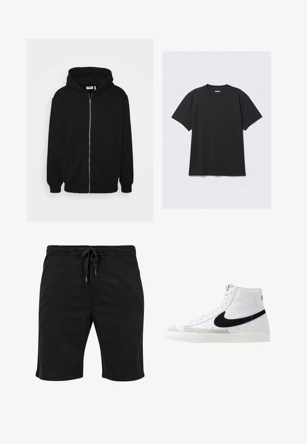 Schwarze Zip-Hoodie mit einer Kapuze mit Kordelzug, Vorderseitentaschen, gerippten Bündchen und einer glatten Stoffoberfläche. Zentrale Markenetikette innen sichtbar.; Schwarzes T-Shirt mit kurzen Ärmeln aus Baumwolle. Hat einen Rundhalsausschnitt und eine lockere Passform. Einfaches Design ohne sichtbare Muster oder Akzente.; Schwarze Shorts aus leichtem Material, mit einem elastischen Bund und Kordelzug, Seitentaschen und einem taillierten Saum.; Weiße High-Top-Sneaker mit einem schwarzen Swoosh, strukturiertem grauen Zehenkappeneinsatz und flacher weißer Sohle. Verfügt über sechs Ösen und genähte Akzente.