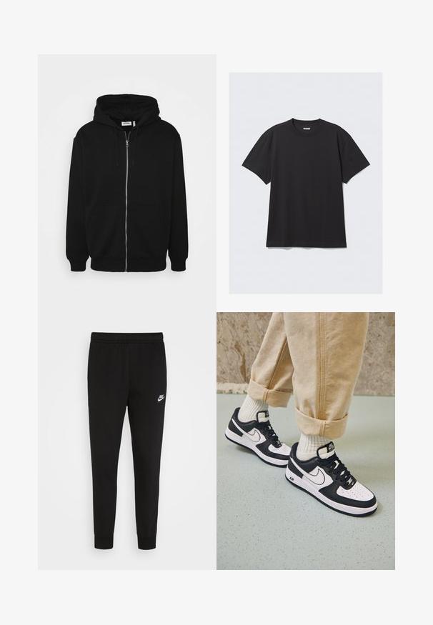 Sort zip-up hoodie med en snor i hætten, forlommer, ribbede ærmer og en glat stoftekstur. Central brandingmærke synligt indvendigt.; Sort kortærmet t-shirt lavet af bomuld. Har en rund halsudskæring og en afslappet pasform. Enkel design uden synlige mønstre eller accenter.; Sorte sweatpants lavet af blødt stof med elastisk talje og tætsiddende manchetter, med et lille hvidt Nike-logo på venstre lår.; Sorte og hvide Nike Air Force 1 sneakers med læderoverdel, perforeret tå og tekstureret såldetalje, båret med rullede beige bukser og hvide sokker.