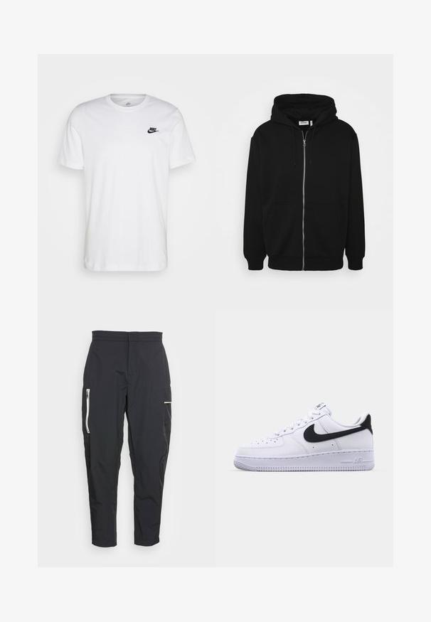 Sort zip-up hoodie med en snor i hætten, forlommer, ribbede ærmer og en glat stoftekstur. Central brandingmærke synligt indvendigt.; Hvid bomulds T-shirt med rund hals, korte ærmer og et sort Nike-logo på venstre bryst. Enkel, ensfarvet design.; Sorte cargo-bukser lavet af letvægtsstof. Funktioner inkluderer lynlås-lomme på siden og en struktureret detalje på låret. Skræddersyet pasform.; Hvide lædersneakers med en struktureret sort Swoosh, flade snørebånd og en gummisål med et rillemønster. "AIR" er præget på hælen.