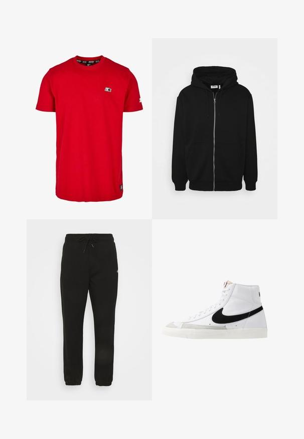 Sort zip-up hoodie med en snor i hætten, forlommer, ribbede ærmer og en glat stoftekstur. Central brandingmærke synligt indvendigt.; Rød bomulds t-shirt med rund hals, korte ærmer og et lille sort logo på venstre bryst og ærme. Glat, ensfarvet stof.; Sorte sweatpants lavet af blød stof med elastisk talje og snor at justere samt elastiske manchetter ved anklerne. Enkel design uden mønstre.; Hvide høje sneakers med et sort swoosh, struktureret grå tåhætte og flad hvid sål. Har seks snørrehuller og syede detaljer.