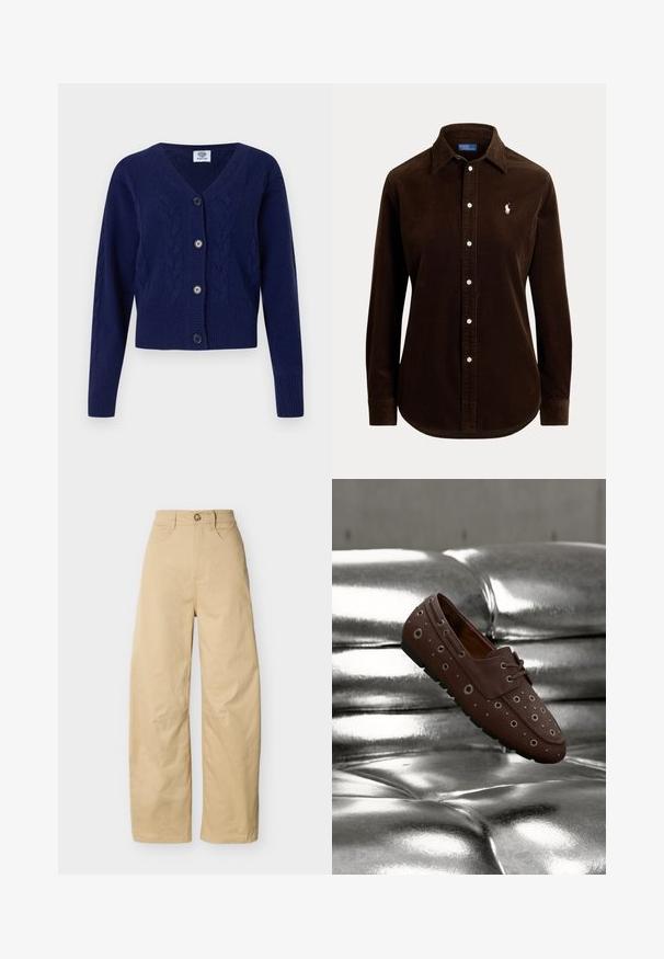 Cardigan en tricot bleu marine avec col en V, motif en torsades, manches longues, poignets et ourlet côtelés, et quatre boutons sur le devant.; Chemise longue à manches longues en velours côtelé marron foncé, boutonnée avec col et petit logo blanc brodé sur la poitrine gauche.; Pantalon large beige à taille haute, fermeture par bouton et zip, poches avant et ourlet droit, présenté sur un fond uni.; Chaussure mocassin marron avec œillets métalliques sur une surface en cuir argenté capitonnée, présentée en l'air comme flottante ou en mouvement.