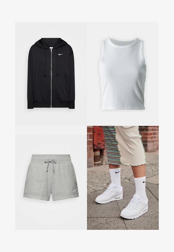 Sort zip-hoodie lavet af blødt stof, med hætte, frontlommer, ribbede manchetter og et lille hvidt Nike-logo på brystet.; Hvid ribbet tanktop med rund halsudskæring og ærmeløs design, med en lige kant og en glat, strækbar tekstur.; Grå atletiske shorts lavet af blødt stof, med en elastisk talje med snor, og et lille Nike-logo på den nederste venstre side.; Hvide Nike Air Max 90 sneakers med mesh og læderoverdel, der har en synlig luftenhed, parret med hvide ribbede sokker med sort logo.
