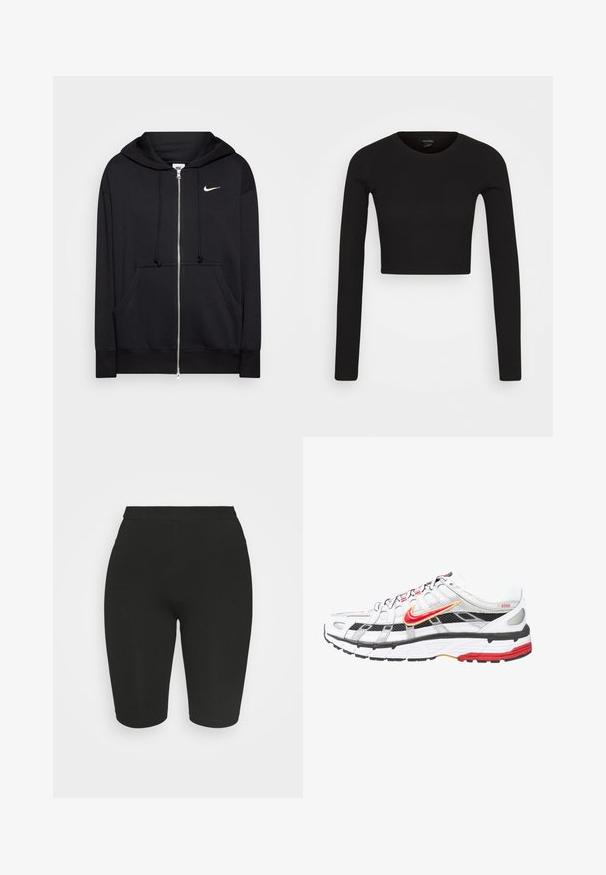 Mustikas värvi tõmblukuga kapuutsiga sviiter, millel on pehme kangas, ees taskud, ribatega mansetid ja rindkeres väike valge Nike logo.; Monki Pikkade varrukatega topp - black dark; Mustad mustad rattad, mis on istuvate lõigetega, elastse vöökoha ja siledaga. Pikkus ulatub põlve kohal. Ilma nähtavate mustrite või kaunistusteta.; Valged ja mustad sportlikud jalanõud punaste ja kuldsete akcentidega. Omavad võrgusilma ülemist osa, pehmendatud tallat ja kindlat paelaga kinnitust.