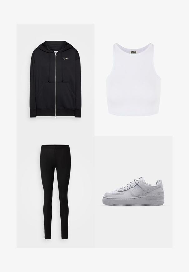 Schwarze Zip-Hoodie aus weichem Stoff, mit Kapuze, Fronttaschen, gerippten Bündchen und einem kleinen weißen Nike-Logo auf der Brust.; Weißes, geripptes, kurzes Tanktop mit breiten Trägern und einem runden Ausschnitt. Hat eine weiche Textur und ein minimalistisches Design ohne Muster.; Schwarze Leggings aus einem weichen, dehnbaren Material. Sie haben eine schlanke Passform mit einem elastischen Bund und einer glatten, matten Textur.; Graue Nike Air Force 1 Sneaker mit perforierter Zehenpartie, Obermaterial aus glattem Leder, dicker Sohle und geprägtem 'AIR'-Detail an der Ferse.