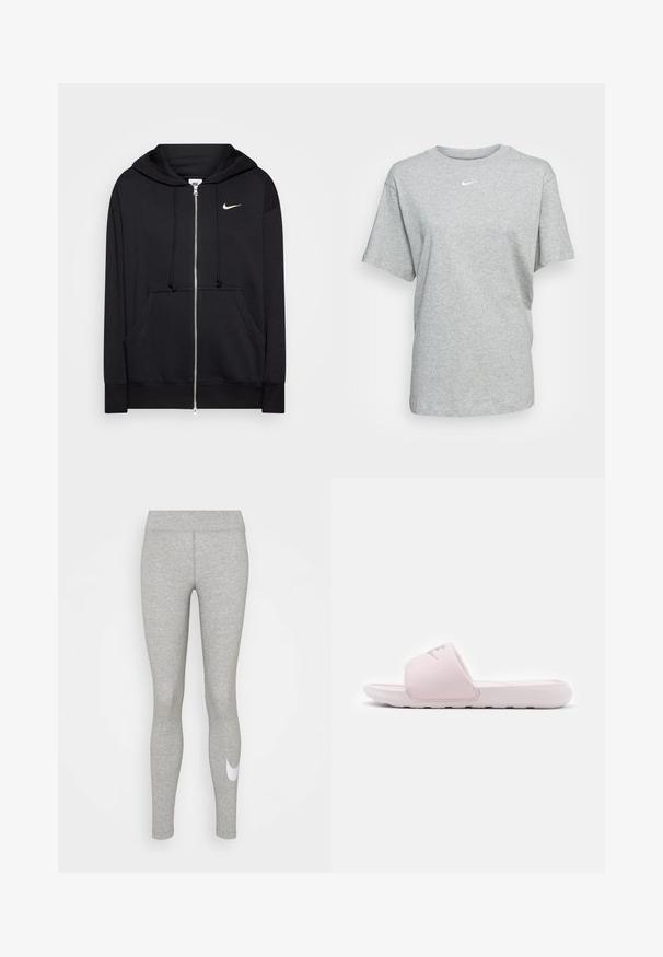 Sudadera con cremallera negra hecha de tejido suave, que cuenta con capucha, bolsillos frontales, puños acanalados y un pequeño logo blanco de Nike en el pecho.; Nike Sportswear TEE - Camiseta básica - grey heather; Leggings grises hechos de una tela suave, con una cintura alta y un acento de logo blanco en la parte inferior izquierda de la pierna.; Sandalia de slide rosa con una suela de goma flexible, tirante acolchado y diseño minimalista. Presenta un logo en la tira y textura suave.