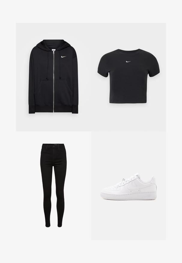 Hoodie zippé noir en tissu doux, doté d'une capuche, de poches frontales, de poignets côtelés et d'un petit logo Nike blanc sur la poitrine.; T-shirt court noir en coton, avec un col rond et des manches courtes. Logo Nike blanc notable sur la poitrine.; Jean skinny en denim noir avec une taille haute, design à cinq poches, passants de ceinture et détails de couture subtils. Texture lisse, forme ajustée.; Basket basse blanche avec embout perforé, fermeture à lacets, semelle texturée et un logo Swoosh discret sur le côté.