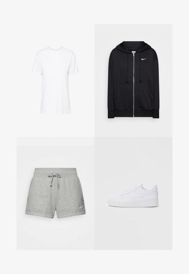 Schwarze Zip-Hoodie aus weichem Stoff, mit Kapuze, Fronttaschen, gerippten Bündchen und einem kleinen weißen Nike-Logo auf der Brust.; Weißes Baumwoll-T-Shirt mit kurzen Ärmeln, Rundhalsausschnitt und legerem Schnitt, mit glatter Textur und ohne sichtbare Muster.; Graue Sportshorts aus weichem Material mit einem elastischen Bund und Kordelzug sowie einem kleinen Nike-Logo auf der unteren linken Seite.; Weiße Nike Air Force 1 Sneaker mit Obermaterial aus Leder, runder Zehenpartie, schnürbarer Verschluss, gepolsterter Kragen und strukturiertem Gummisohle.