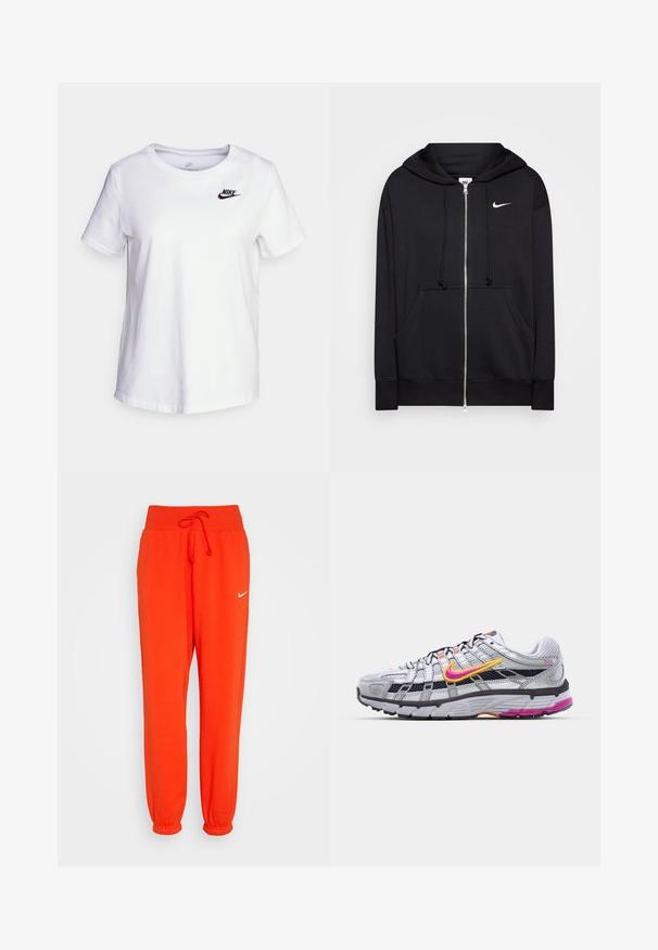 Sudadera con cremallera negra hecha de tejido suave, que cuenta con capucha, bolsillos frontales, puños acanalados y un pequeño logo blanco de Nike en el pecho.; Camiseta de algodón blanca con cuello redondo y mangas cortas. Presenta un logotipo negro de Nike en la parte superior izquierda del pecho.; Nike Sportswear W PHNX FLC HR OS - Pantalones deportivos - picante red/sail; Zapatilla de running de malla gris con un distintivo swoosh en rosa y amarillo, acentos negros y una suela de goma texturizada. Cuenta con una puntera reforzada y un collar acolchado.