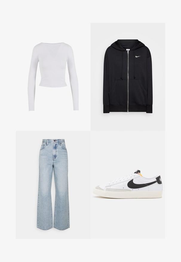 Sudadera con cremallera negra hecha de tejido suave, que cuenta con capucha, bolsillos frontales, puños acanalados y un pequeño logo blanco de Nike en el pecho.; Top corto de manga larga blanco con cuello redondo, hecho de una tela suave y elástica, que presenta un diseño ajustado y sin cierres visibles.; Jeans anchos de mezclilla de un azul claro con una cintura alta, diseño clásico de cinco bolsillos y costuras en contraste. Detalle de dobladillo sin terminar en la parte inferior.; Zapatillas blancas con swoosh negro, detalles en ante gris y suela de goma color crema. Presentan cordones blancos y un talón negro con marca.