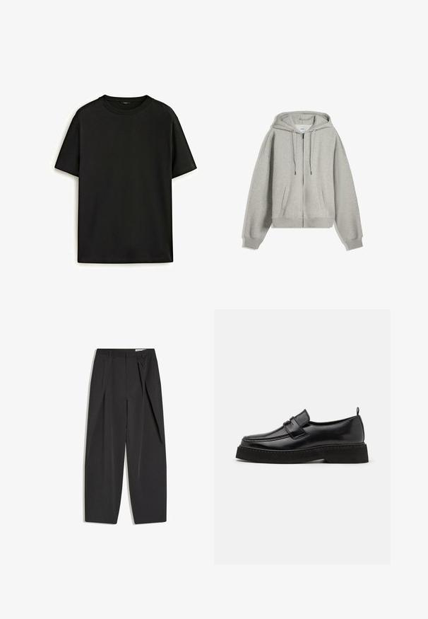 Grauem Reißverschluss-Hoodie aus einem weichen Baumwoll-Mix. Verfügt über eine große Kapuze, Kordelzüge und Seitentaschen. Lockerer Schnitt mit ribbelten Bündchen.; Schwarzes Baumwoll-T-Shirt mit klassischem Rundhalsausschnitt, kurzen Ärmeln und lockerer Passform. Glatte Textur, keine Muster oder Verzierungen.; Schwarze, maßgeschneiderte, hoch taillierte Hose mit Bügelfalten, Gürtelschlaufen und geradem Bein, flach auf weißem Hintergrund dargestellt.; Schwarze Leder Slipper mit flacher, strukturiertem Sohlen, mit einer gestickten Zehenpartie und einem Riemen über dem Spann.