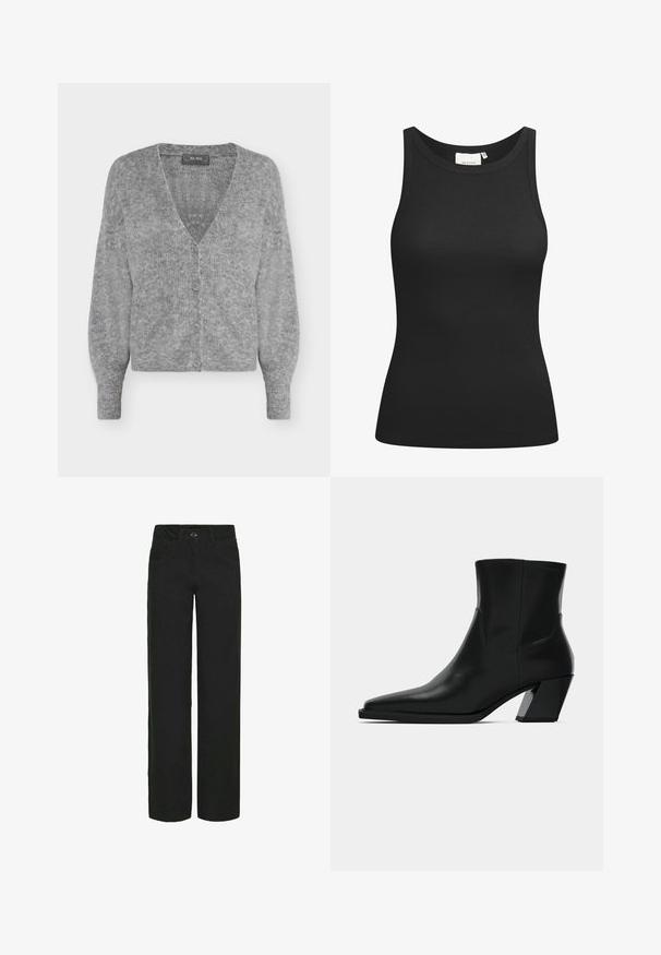 Zachte grijze gebreide cardigan met lange mouwen, een V-hals, vier knopen aan de voorkant en een geribde zoom en manchetten.; Zwarte tanktop van ribstof, met een ronde hals en een aansluitende pasvorm. Platte naden en zonder versieringen. Eenvoudig en strak ontwerp.; Zwarte wijde spijkerbroeken gemaakt van denim met een gladde textuur. Bevat voorzakken, een knoopsluiting en riemlussen.; Zwarte leren enkelboot met een spitse neus, een slanke silhoeet en een chunky vierkante hak. Gladde textuur met minimale stikdetails.