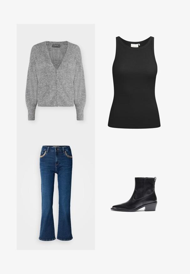 Blød grå strikket cardigan med lange ærmer, V-hals, fire knapper foran og ribkant i bund og ærmer.; Sort tanktop lavet af ribbet materiale, med en scooped halsudskæring og en tætsiddende form. Flade sømme og ingen udsmykninger. Enkel og strømlinet design.; Mørkeblå brede jeans med en glat denimoverflade, kontrasterende gyldne syninger og forlommer. Klassisk fem-lomme design.; Sort læder ankelstøvle med spids tå og lav blokhæl. Funktioner inkluderer en sidelukning med lynlås og minimale syninger for et elegant design.