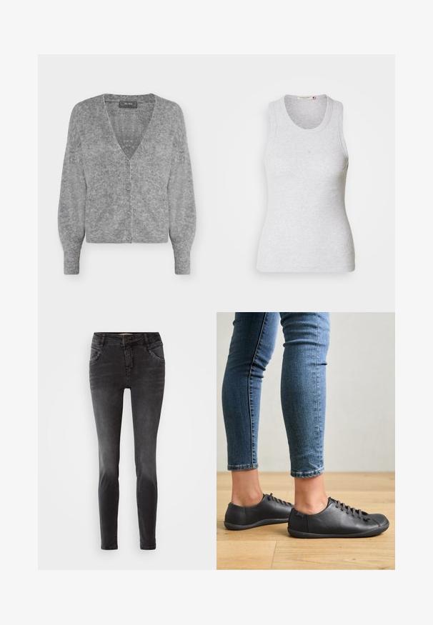 Zachte grijze gebreide cardigan met lange mouwen, een V-hals, vier knopen aan de voorkant en een geribde zoom en manchetten.; Lichtgrijze geribbelde tanktop met een ronde halslijn en zonder mouwen. Beschikt over een getailleerd ontwerp en een subtiele logo nabij het midden. Zachte textuur.; Zwarte skinny jeans van denim, met een frontale knoopsluiting, gestudeerde details op de zakken en een gladde textuur.; Zwarte leren schoenen met een ronde neus, lage profiel en vetersluiting. Gecombineerd met blauwe, aansluitende jeans en een houten vloer als achtergrond.