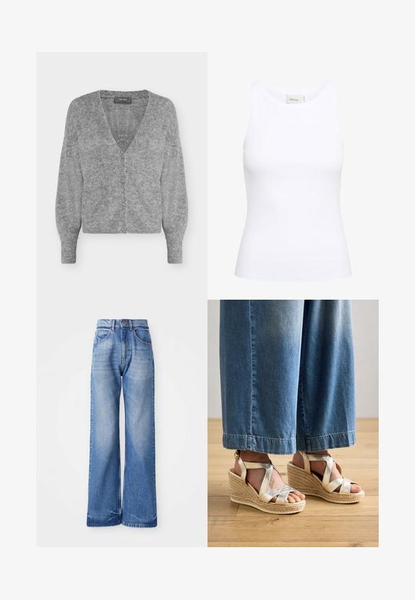 Weiche graue Strickjacke mit langen Ärmeln, V-Ausschnitt, vier Knöpfen vorne und einem gerippten Saum und Bündchen.; Weißes, geripptes Tanktop mit Rundhalsausschnitt und ohne Ärmel. Elastisches Material und figurbetontes Design. Das Etikett auf der Rückseite trägt die Aufschrift "GESTUZ."; Helle blaue weite Jeans aus Denim, mit hoher Taille, fünf Taschen und subtilen Waschungen an der Vorderseite für Textur.; Goldene Riemchen-Wedge-Sandalen mit einem gewebten Jute-Sockel. Sie besitzen breite Kreuzriemen und ein rundes Zehen-Design. Getragen mit hellblauen weit geschnittenen Jeans.