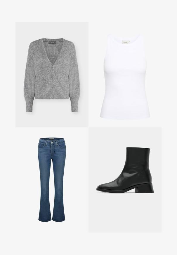 Weiche graue Strickjacke mit langen Ärmeln, V-Ausschnitt, vier Knöpfen vorne und einem gerippten Saum und Bündchen.; Weißes, geripptes Tanktop mit Rundhalsausschnitt und ohne Ärmel. Elastisches Material und figurbetontes Design. Das Etikett auf der Rückseite trägt die Aufschrift "GESTUZ."; Blaue Jeans im Flared-Stil mit mittelhoher Taille, ausgestattet mit Ziernähten, zwei vorderen Taschen und einer hinteren Paspeltasche.; Schwarze Ankle Boots aus glänzendem Leder, mit einem eleganten Design, spitzer Zehenpartie und einem moderaten Blockabsatz für Stabilität.