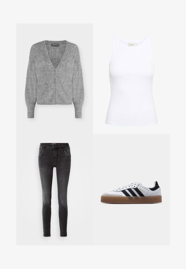 Weiche graue Strickjacke mit langen Ärmeln, V-Ausschnitt, vier Knöpfen vorne und einem gerippten Saum und Bündchen.; Weißes, geripptes Tanktop mit Rundhalsausschnitt und ohne Ärmel. Elastisches Material und figurbetontes Design. Das Etikett auf der Rückseite trägt die Aufschrift "GESTUZ."; Schwarze Slim-Fit-Jeans aus Denim, mit einem frontalen Knopfverschluss, Nietenverzierungen an den Taschen und einer glatten Textur.; Weiße Leder Sneakers mit schwarzen Streifen, Gummigummi-Außensohle, runder Zehenform, Schnürverschluss und weichem grauem Wildleder-Zehenkappe.