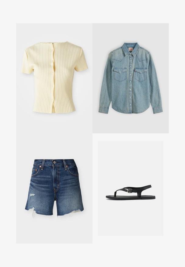 Top à manches courtes en tricot côtelé de couleur jaune pâle, avec un col rond et une fermeture avant à cinq boutons. La texture est lisse avec des rayures verticales.; Chemise en denim bleu clair à manches longues, boutons-pression, col pointu et deux poches à rabat devant sur un fond clair.; Shorts en denim bleu avec bords effilochés et patchs usés sur un fond clair uni, vue de face.; Sandale plate noire avec bride à la cheville, entre-doigt et boucle argentée sur semelle lisse, vue de côté sur fond blanc.