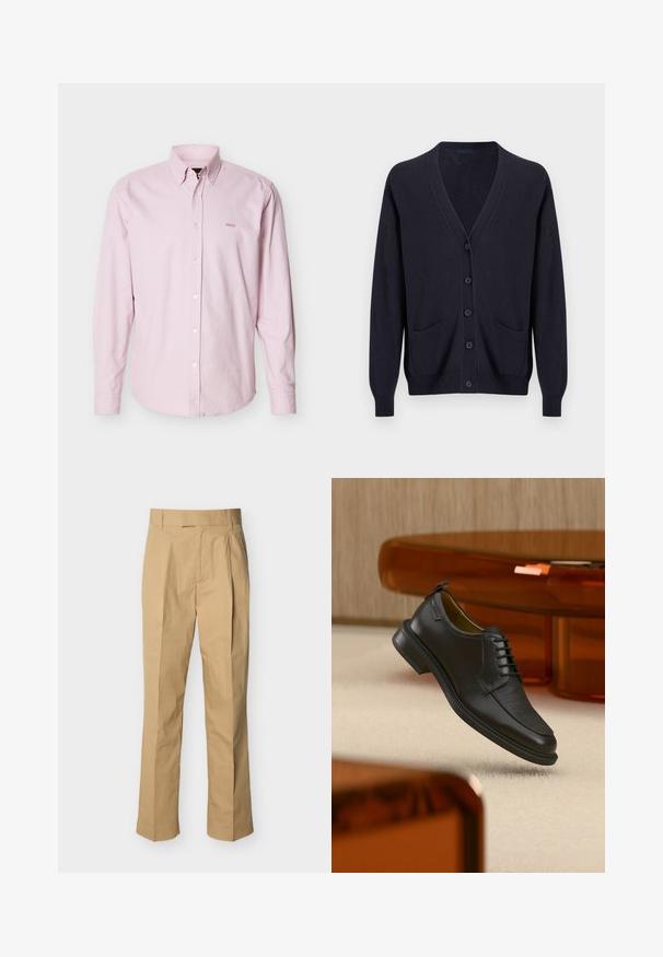 Cardigan noir à manches longues avec col en V, cinq boutons sur le devant, deux poches avant, et poignets et ourlet côtelés.; Chemise rose clair à manches longues avec boutons sur le devant, col à patte boutonnée et petit logo "BOSS" brodé sur la poitrine gauche.; Pantalon beige en coton lisse à taille haute, avec des plis à l'avant et des jambes droites. Aucun équipement visible ni motifs.; Chaussure habillée noire en cuir à lacets avec devant texturé, flottant au-dessus d'un tapis beige dans une pièce moderne avec des meubles teintés d'ambre.