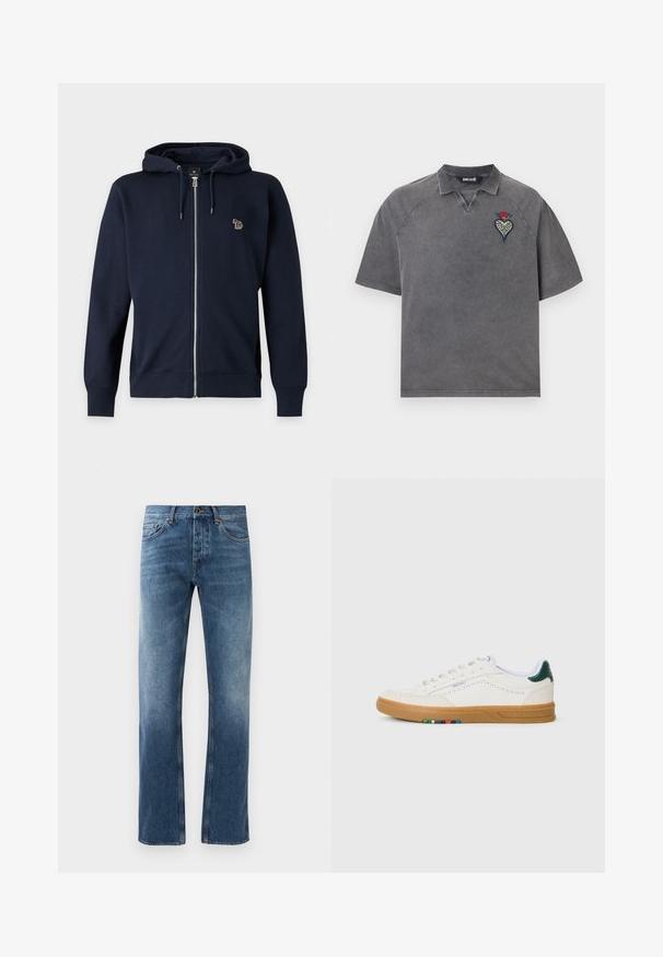 Tmavomodrá mikina na zips s kapucňou so sťahovacou šnúrkou a malým vyšívaným viacfarebným psím logom na ľavej strane hrudníka.; Sivé polokošeľa s krátkym rukávom s malým vyšívaným vzorom srdca a kvetu na ľavej strane hrude a jemnou vyšúchanou textúrou.; Modré džíny z denimu so strihom rovného nohavice, vyblednutým umývaním, piatimi vreckami a kontrastným prešívaním. Uzatváranie pomocou gombíka a zipsu na páse.; Biele kožené tenisky s perforovaným dizajnom, gumenou podrážkou, zeleným akcentom na päte a farebným pruhom na boku.