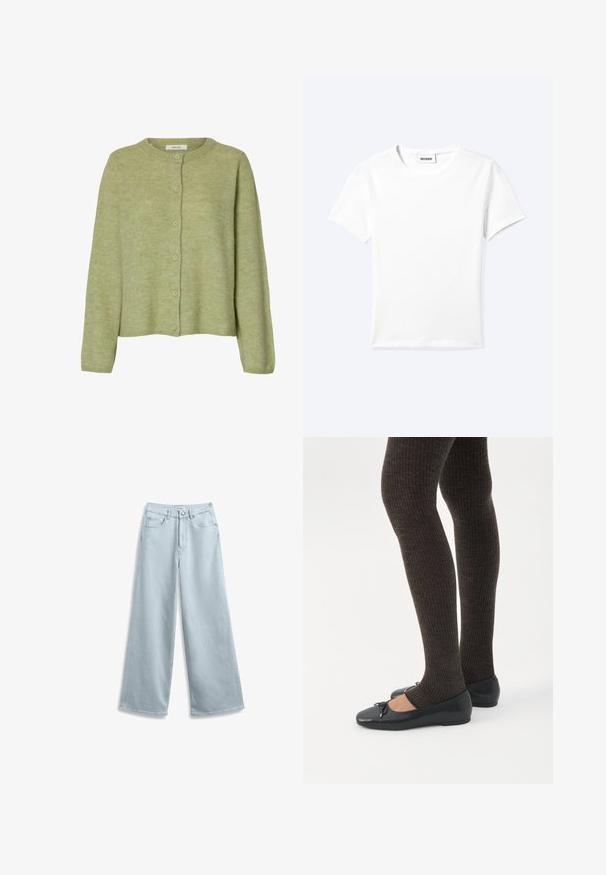 Lichtgroene gebreide lange mouwen cardigan met ronde hals en zes knopen aan de voorkant, gelabeld "Selected."; Effen wit T-shirt met korte mouwen en ronde hals met een klein "WEEKDAY" label aan de binnenkant van de hals, plat neergelegd op een lichte achtergrond.; Lichtblauwe wijde spijkerbroeken van denim, met een klassieke vijf-pocket ontwerpen en een knoopsluiting aan de taille.; Benen met donkere geribbelde leggings gecombineerd met zwarte ballerina's met kleine strikdetails op een witte achtergrond.