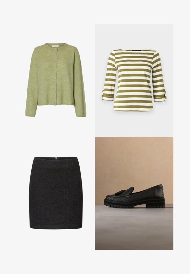 Cardigan tricoté vert clair à manches longues avec col rond et six boutons devant, avec l'étiquette "Selected."; Haut rayé en vert olive et blanc, avec des manches trois-quarts munies de pattes de serrage et un col bateau. Tissu lisse et doux.; Mini-jupe noire en tissu texturé avec une coupe slim, dotée d'une fermeture éclair au dos et de coutures nettes. Design simple sans motifs visibles.; Mocassins en cuir noir avec texture tissée et détail à pampilles. Semelle en caoutchouc épaisse avec un motif dentelé. Positionnées au-dessus d'un tapis texturé.