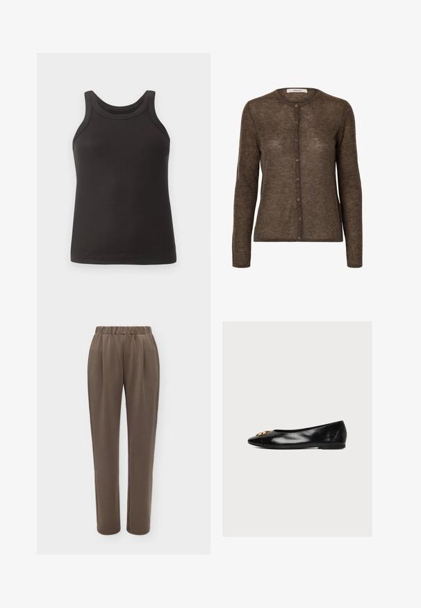 Cardigan marron à manches longues avec un col rond et une rangée de huit boutons à l'avant, confectionné dans un tissu doux et légèrement transparent.; Débardeur noir à côtes avec un col arrondi et de larges bretelles. Fabriqué en tissu doux et extensible, il présente un design ajusté.; Pantalon marron droit avec une taille élastique et de subtils plis à l'avant.; Chaussure plate en cuir noir avec bout pointu et petit détail décoratif doré à l'avant, vue de profil sur fond blanc.