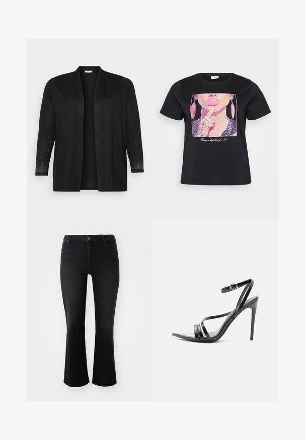 Sort cardigan lavet af blødt stof, med åben front, trekvartærmer og kontrastdetaljer med små, blanke prikker på ærmerne.; Sort t-shirt med et palietmotiv af en kvindes ansigt med pink læber og øreringe, samt teksten "Design en selv, som du elsker" under.; Sorte denim jeans med mid-rise talje, frontknap, to frontlommer, to baglommer og flared ben.; Sort højhælet sandal med tynde remme over tæerne og anklen, med en gylden spænde på en slank stilet-hæl.