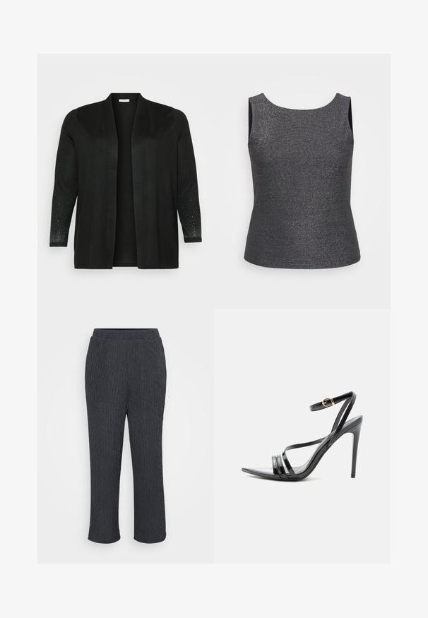 Cardigan noir en tissu doux, avec une ouverture devant, des manches trois-quarts et des embellissements contrastés avec de petits points brillants sur les manches.; Débardeur sans manches en gris foncé avec un éclat métallique, doté d'un col rond et d'une coupe ajustée, fabriqué à partir d'un tissu texturé.; Pantalons gris foncé avec un design texturé et côtelé, dotés d'une taille élastique et de jambes fuselées. Fabriqués en matériau léger et doux.; Sandale noire à talon haut avec de fines brides sur les orteils et la cheville, avec une boucle dorée sur un talon aiguille élancé.