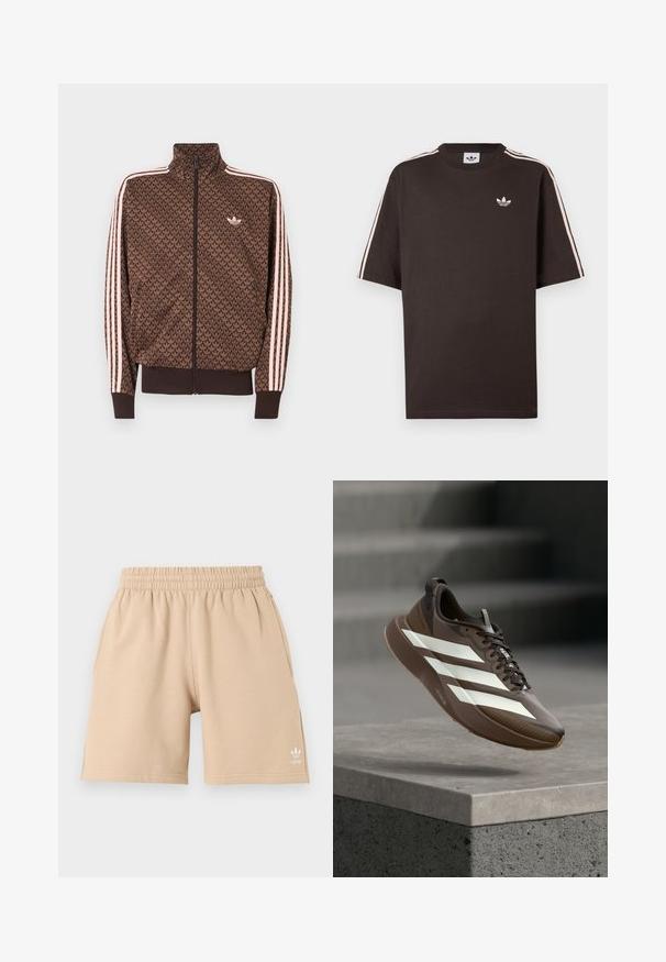 Brown Adidas track jacket with repeated trefoil pattern, pink three stripes on sleeves, front zipper, and small trefoil logo on chest.; Brown cotton t-shirt with short sleeves, featuring white stripes on the shoulders and a small white logo on the chest.; Beige elastic waist shorts with side pockets and a small white Adidas logo on the left leg, displayed on a plain background.; Brown athletic shoe with white stripes and black laces floating above a concrete ledge with gray stairs in the background.