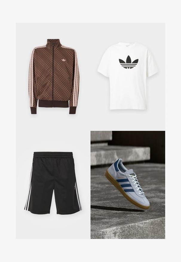 Brun Adidas træningsjakke med gentaget trefoil-mønster, lyserøde tre striber på ærmerne, lynlås foran og lille trefoil-logo på brystet.; Hvid bomulds t-shirt med et stort sort Adidas trefoil-logo og tre vandrette striber nedenunder. Korte ærmer, rund halsudskæring.; Sorte sportsshorts med elastisk talje, med hvide sidestriber og en glat stofstruktur. Ingen yderligere dekorationer.; Lyseblå Adidas Spezial sneakers med marineblå striber og gummisål, vist i luften over betontrapper i et neutralt udendørsmiljø.