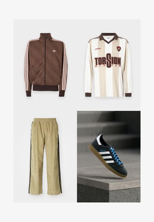 Chaqueta de chándal marrón de Adidas con patrón repetido de trébol, tres rayas rosas en las mangas, cremallera frontal y pequeño logo de trébol en el pecho.; Camiseta de fútbol de manga larga con rayas beige y blancas; cuenta con un cuello y puños marrones, un gran logo rojo "TORSION SYSTEM" y la marca adidas.; Pantalones de pana beige con cintura elástica, con franjas laterales negras. La tela tiene una textura acanalada y es ligeramente acampanada en el fondo.; Zapatilla negra Adidas con franjas blancas, cordones azules y suela de goma flotando sobre un escalón de hormigón gris con luz suave.