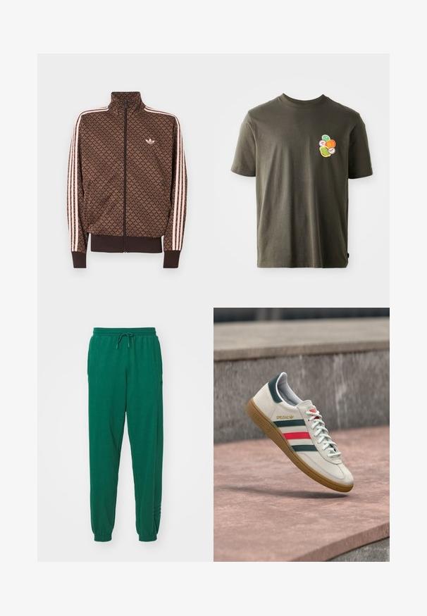 Ruskea Adidas-urheilutakki, jossa toistuva trefoil-kuvio, vaaleanpunaiset kolme raitaa hihoissa, edessä vetoketju ja pieni trefoil-logo rinnassa.; Tummanoliivinvihreä puuvillapaita, jossa on pyöreä kaulus. Paidassa on värikäs painatus, jossa on pyöreitä muotoja vasemmassa rinnassa.; Vihreät puuvillajoggersit, joissa on naru- ja elastinen vyötärö, elastiset hihansuut ja sivutaskut. Kangas näyttää pehmeältä ja sileältä.; Valkoinen Adidas-tennari, jossa vihreät ja punaiset raidat, kumipohja ja "SPEZIAL"-brändäys, kelluu kivipinnan yläpuolella.