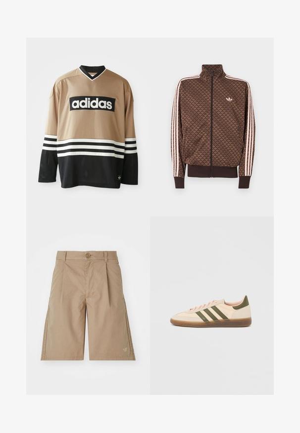Hnedá športová bunda Adidas s opakujúcim sa vzorom trojlístka, ružové tri pruhy na rukávoch, predný zips a malý trojlístok na hrudi.; Dlhý rukáv športovej dresy Adidas v béžovej a čiernej farbe s bielymi pruhmi, sieťovina a logo Adidas na hrudi a dolnom leme.; Béžové bavlnené kraťasy so strihaním do rovna, prednými skladmi a jedným gombíkom na zapínanie. Obsahujú diskrétnu logo na dolnej ľavej strane.; Nízky béžový tenisky Adidas Spezial so zelenými pruhmi, gumovou podrážkou a nápisom „SPEZIAL“ na boku, zobrazené z vonkajšej strany.