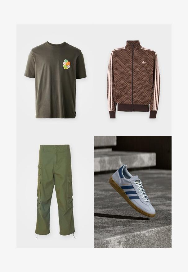 Brun Adidas træningsjakke med gentaget trefoil-mønster, lyserøde tre striber på ærmerne, lynlås foran og lille trefoil-logo på brystet.; Mørkeolivengrøn bomulds t-shirt med rund hals. Har et farverigt trykt design af cirkulære former på venstre brystområde.; Olivenfarvede cargo bukser lavet af bomuld, med sidelommer, knaplukning, lige pasform og justerbare afslutninger for en tilpasselig længde.; Lyseblå Adidas Spezial sneakers med marineblå striber og gummisål, vist i luften over betontrapper i et neutralt udendørsmiljø.
