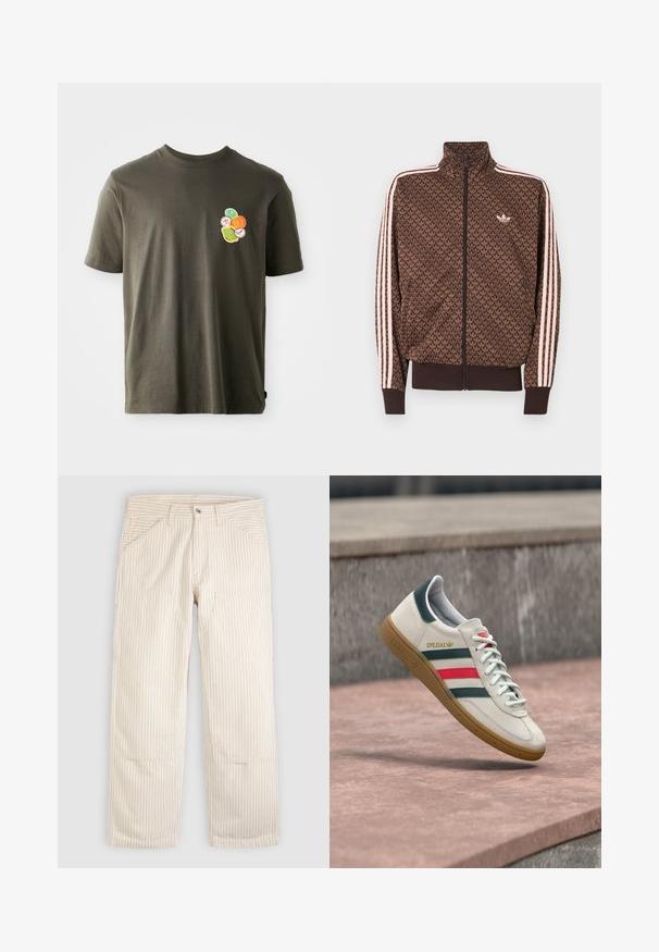 Chaqueta de chándal marrón de Adidas con patrón repetido de trébol, tres rayas rosas en las mangas, cremallera frontal y pequeño logo de trébol en el pecho.; Camiseta de algodón verde oliva oscura con cuello redondo. Presenta un diseño impreso colorido de formas circulares en el área del lado izquierdo del pecho.; Pantalones beige a rayas hechos de algodón con corte recto. Incluyen bolsillos delanteros y cierre de botón. Patrón de líneas verticales en la tela.; Zapatilla blanca Adidas con franjas verdes y rojas, suela de goma y marca "SPEZIAL" flotando sobre pavimento de piedra.