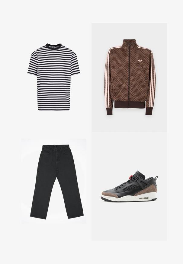 Hnedá športová bunda Adidas s opakujúcim sa vzorom trojlístka, ružové tri pruhy na rukávoch, predný zips a malý trojlístok na hrudi.; Čierne a biele horizontálne pruhované tričko s krátkym rukávom a čiernym golierom, označené Urban Classics, veľkosť stredná.; Čierne rovné džínsy s piatimi vreckami a zipsom, položené na bielom pozadí, označené nápisom "2Y STUDIOS" na páse.; Čierno-hnedá vysoká teniska s bielym podrážkom, sieťovinovými bočnými panelmi a viditeľným vzduchovým vankúšikom v päte.