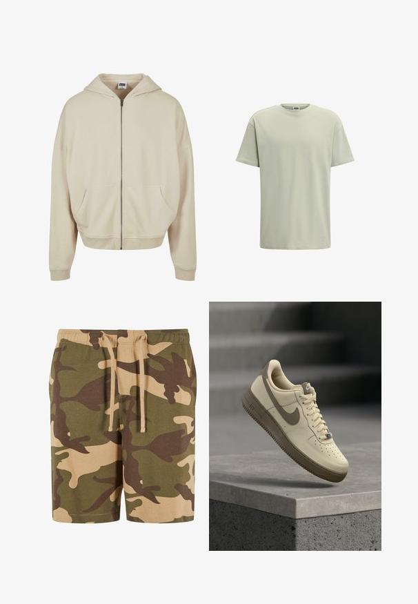 Beige zip-up hoodie met een capuchon, voorzakken, ribgebreide manchetten en zoom. Gemaakt van zacht materiaal met een gladde textuur.; Lichtgroene ronde hals T-shirt, korte mouwen, gemaakt van zachte katoen. Glad oppervlak, ontspannen pasvorm, minimalistisch ontwerp, geen patronen of accenten.; Camo shorts van een katoenmix met groene, bruine en beige patronen. Voorzien van een elastische tailleband met koord. Casual pasvorm en knielange snit.; Beige en bruine Nike Air Force 1 sneaker met veters, zwevend boven een betonnen oppervlak met trappen op de achtergrond.