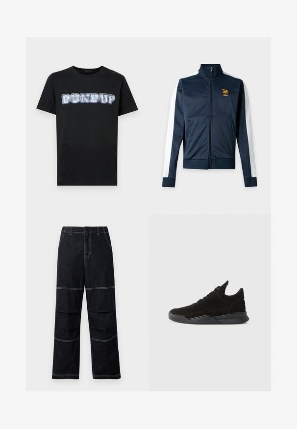 Veste de survêtement bleu marine zippée avec des bandes blanches sur les manches et un petit logo lion jaune sur la poitrine gauche.; T-shirt en coton noir arborant le texte "DONDUP" en bleu métallique et argenté audacieux avec un léger effet usé. Manches courtes.; Pantalons en denim foncé à jambes larges et taille haute, dotés de coutures contrastantes et de poches superposées sur les cuisses.; Baskets en suede noir avec un profil bas, une upper texturée, des lacets plats, et une semelle en caoutchouc solide dotée d'un léger talon et d'un design incurvé.