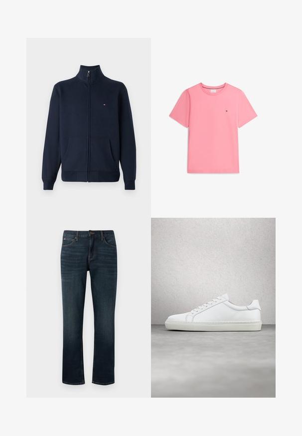 Mørkeblå zip-up sweatshirt lavet af bomuldsblanding. Har en stående krave, to frontlommer og et lille broderet logo på brystet.; Enkel lyserød t-shirt med korte ærmer og rund halsudskæring med lille Tommy Hilfiger-logo på venstre bryst.; Mørkeblå denim jeans med lige pasform. Funktioner inkluderer en knaplukning, fem lommer og kontrasterende syninger langs sømmene.; Hvide sneakers med en glat læderoverdel og lav profil. Har en rund tå, seks snørehuller og en tekstureret gummisål.