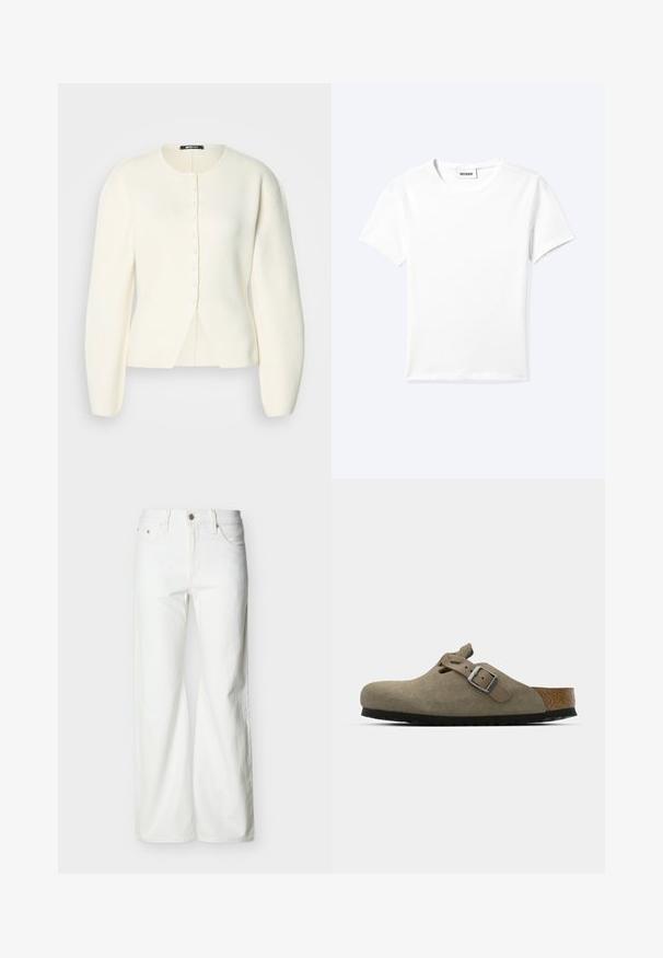 Hvid strikket cardigan med rund krave, lange ærmer, knaplukning foran og en let løs pasform. Blød struktur, minimalistisk design.; Ensfarvet hvid t-shirt med korte ærmer og rund halsudskæring med en lille "WEEKDAY" label indeni halskanten, vist fladt på en lys baggrund.; Hvide jeans med høj talje og lige ben, med forreste knap, lynlåslukning samt sidelommer og baglommer, mod en ensartet lys baggrund.; Suede træsko i lys olivengrøn med en formet kork- og gummisål. Har en side rem med en metal spænde og en rund tå.