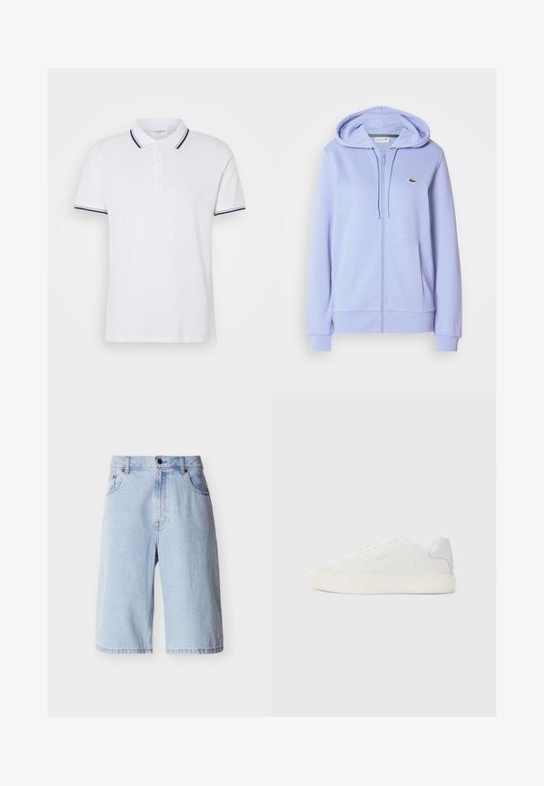 Paarse hoodie met rits gemaakt van zachte stof, voorzien van een kangoeroezak en capuchon met trekkoord. Klein geborduurd logo op de borst.; Witte poloshirt van katoen met een kraag, drieknoopsluiting en marineblauwe en witte gestreepte accenten op de mouwen.; Lichtblauwe denim knielange shorts met knoop en ritssluiting aan de voorkant, riemlussen en zijzakken, getoond tegen een effen achtergrond.; Witte sneaker met een gladde synthetische bovenkant, ronde neus en platte witte zool. Voorzien van tonale stiksels en minimalistische branding aan de zijkant.