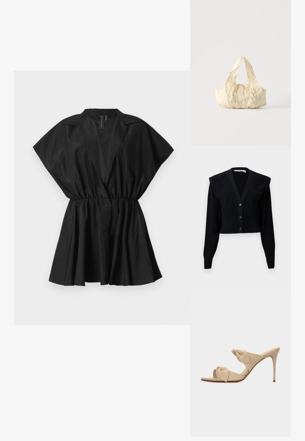 Schwarze, cropped Strickjacke mit V-Ausschnitt, Knopfverschluss, Schulterpolstern und geripptem Muster an den Ärmeln und dem unteren Saum.; Schwarze Bluse mit kurzen Ärmeln, gerafftem Taillenbereich und plissierter unterer Partie. Hergestellt aus leichtem Stoff, mit einem eleganten, minimalistischen Design.; Beige offene High-Heel-Pantoffel mit zwei verdrehten Knotenriemen und einem schlanken Stiletto-Absatz vor weißem Hintergrund.; Handtasche aus cremefarbenem strukturiertem Stoff mit oberen Griffen und einer kleinen gebundenen Schleife in der Mitte vorne.